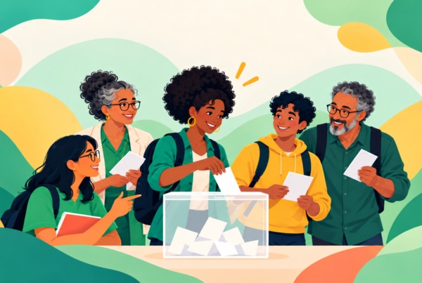 Élections des conseils centraux de l’Université de Guyane : étudiants et personnels votant autour d’une urne.