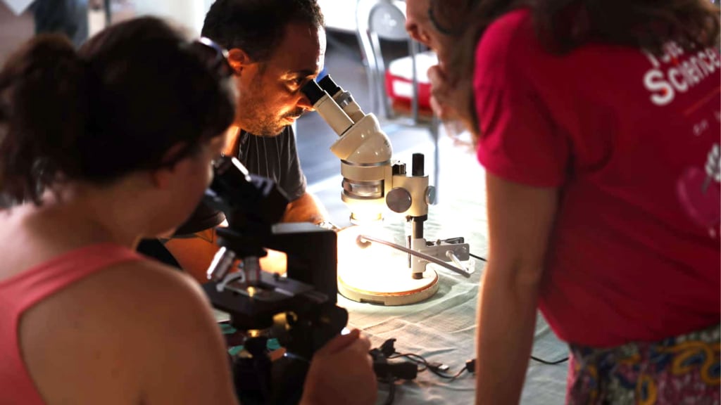 Participants observant des échantillons au microscope lors d’un atelier scientifique à l’Université de Guyane pendant la Fête de la Science 2025
