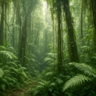 orêt amazonienne dense et humide avec fougères et arbres couverts de lianes.