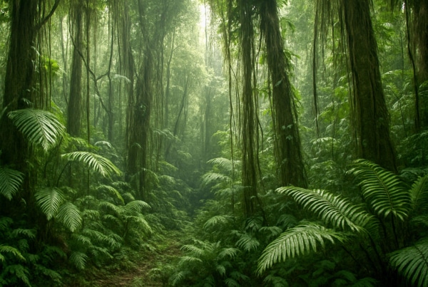 orêt amazonienne dense et humide avec fougères et arbres couverts de lianes.