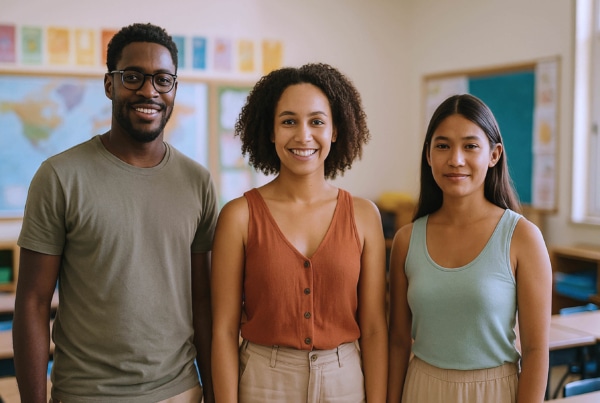 Trois jeunes adultes en formation à l’INSPE de Guyane, représentant la diversité culturelle avec un homme afro portant des lunettes, une femme métisse et une femme amérindienne, dans une salle de classe de primaire.