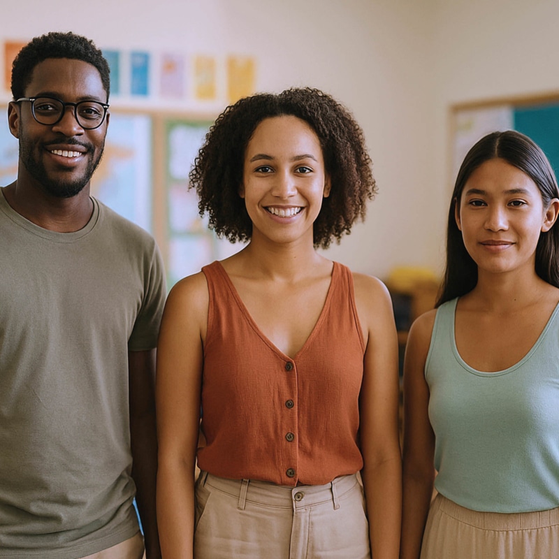Trois jeunes adultes en formation à l’INSPE de Guyane, représentant la diversité culturelle avec un homme afro portant des lunettes, une femme métisse et une femme amérindienne, dans une salle de classe de primaire.