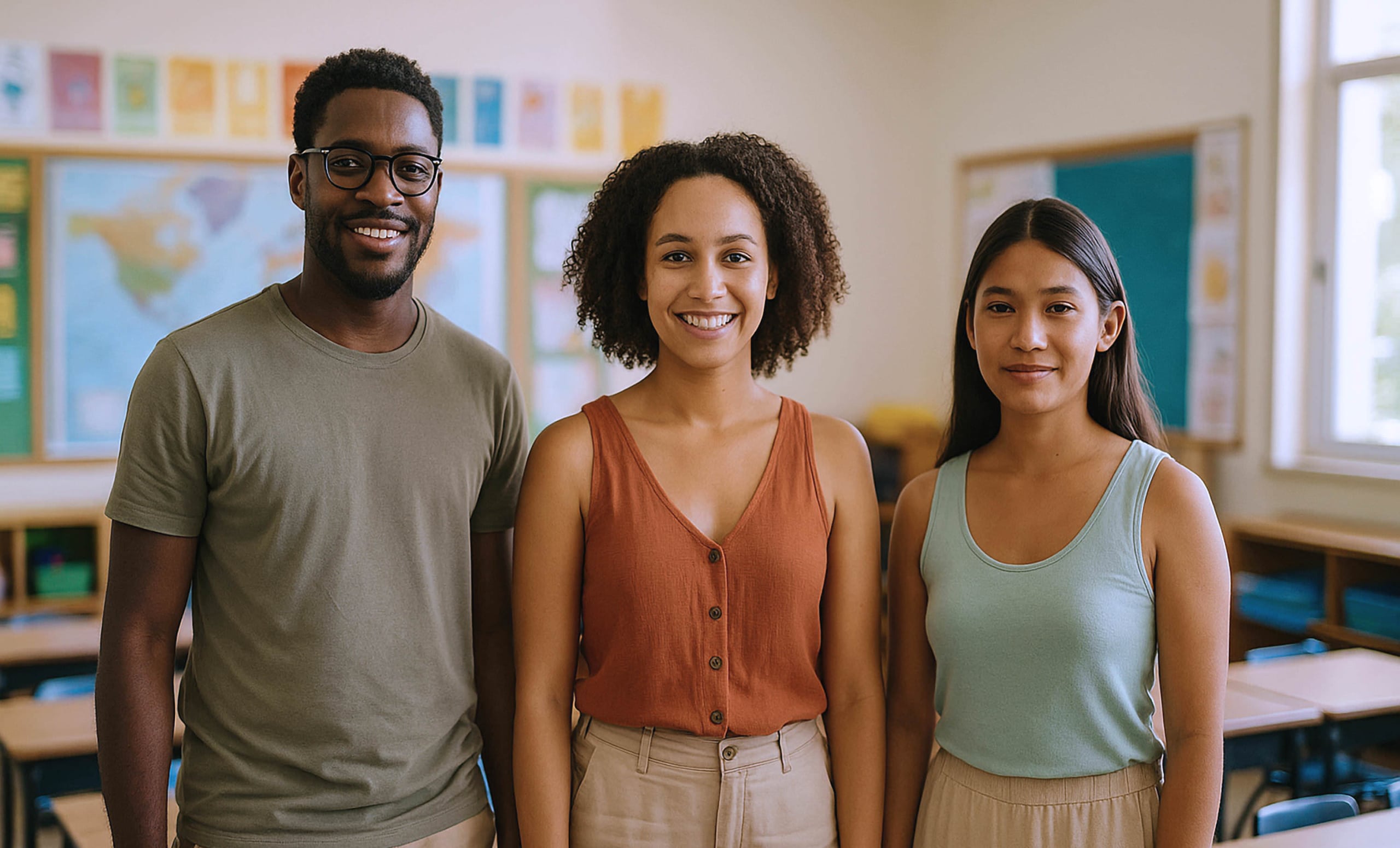 Trois jeunes adultes en formation à l’INSPE de Guyane, représentant la diversité culturelle avec un homme afro portant des lunettes, une femme métisse et une femme amérindienne, dans une salle de classe de primaire.