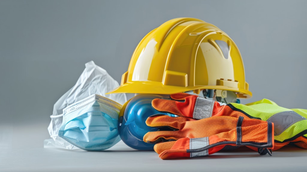 Un ensemble d’équipements de protection individuelle comprenant un casque de chantier jaune, des gants orange, un masque chirurgical bleu, des bouchons d’oreilles et un gilet réfléchissant, disposés sur une surface neutre.