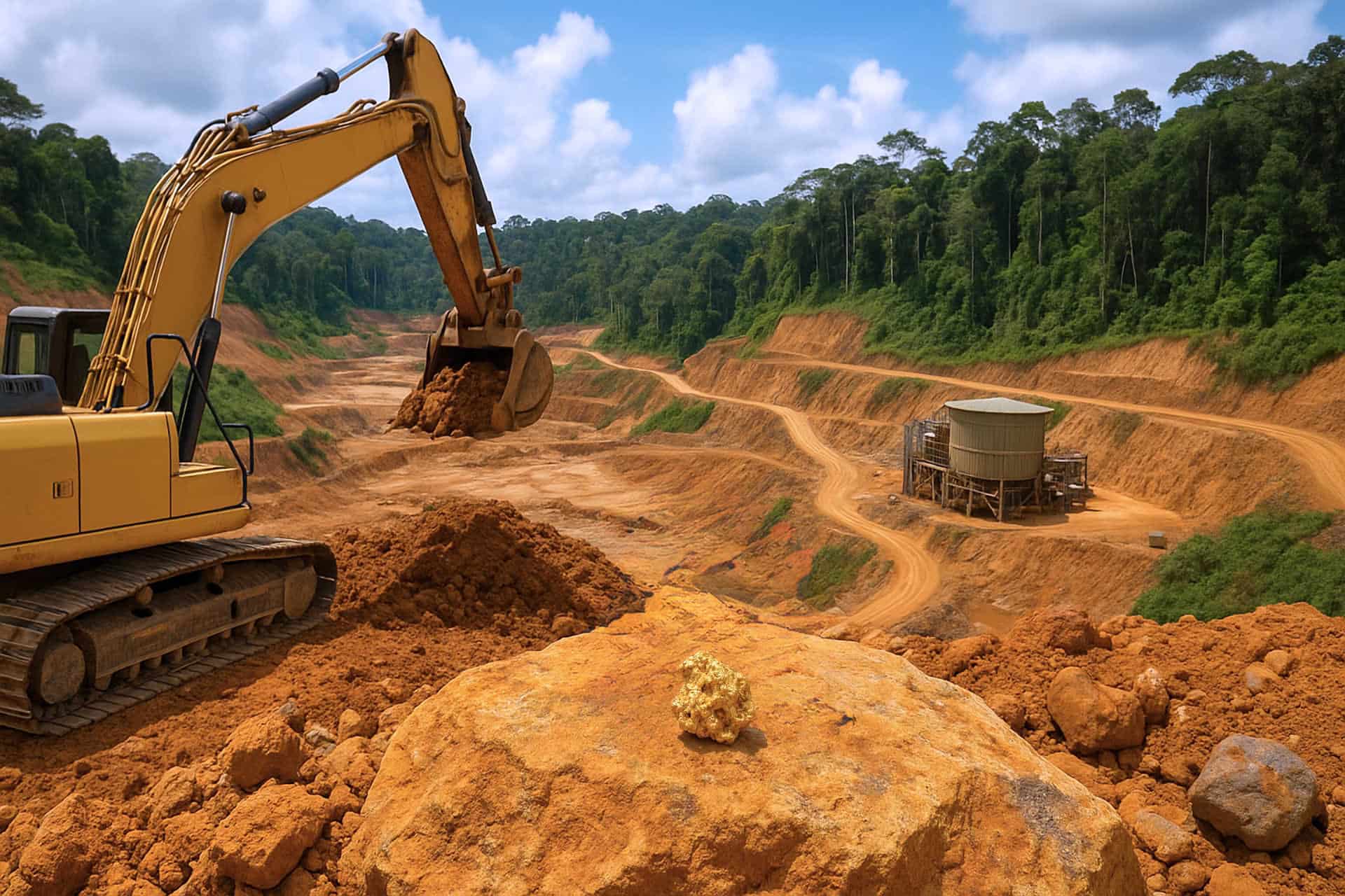 Vue photoréaliste d’un site minier aurifère en Guyane française, entouré de forêt tropicale. Au premier plan, un gros plan sur une pépite d’or posée sur une roche, avec une pelleteuse jaune en action et une structure industrielle à l’arrière-plan. L’image illustre l’exploitation responsable des ressources naturelles dans un cadre amazonien.