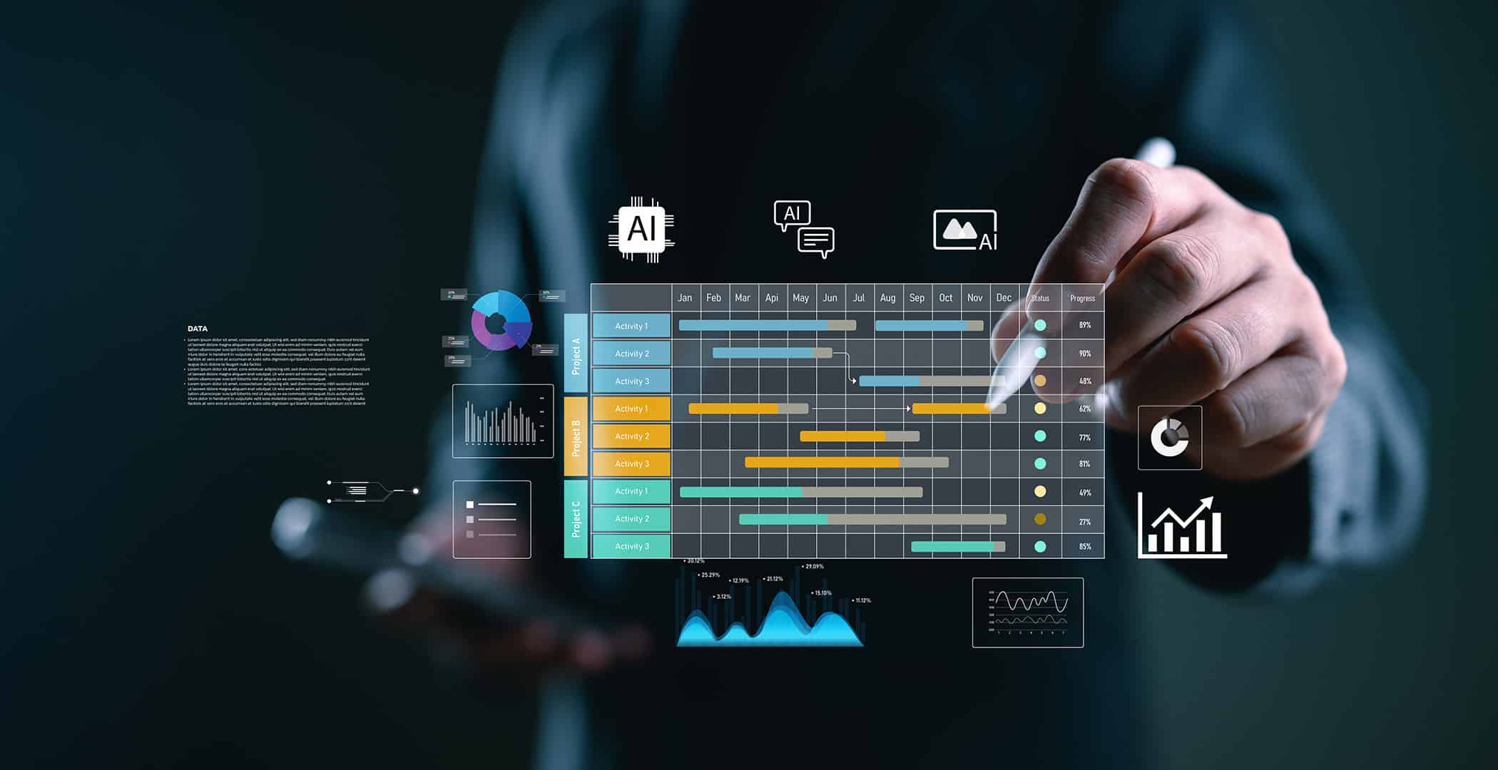 Main tenant un stylet devant un écran virtuel montrant un diagramme de Gantt avec des activités réparties sur les mois de l’année, des graphiques de données, des icônes d’intelligence artificielle et d’analyse de performance